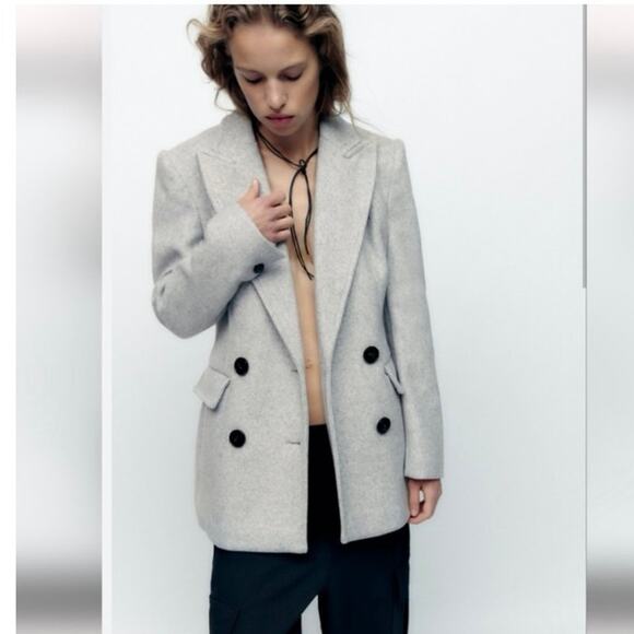 Zara Jacket Womens Medium Long Sleeve Shawl Lapel Double Breasted Blazer Gray - Picture 12 of 12